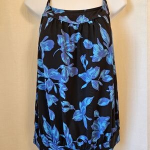 Lands End Womans Floral Tankini Swim Top Size 10 Black Blue Chest Support FF25